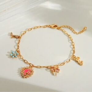 14K Gold Barbie Theme Charms Bracelet On Paperclip Chain (Heart Head Charm)